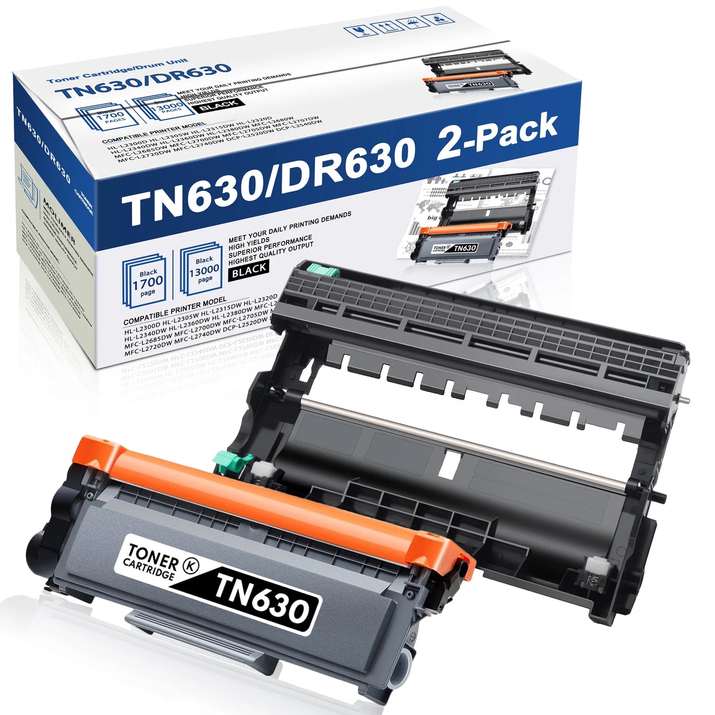 Compatible TN630 Toner Cartridge DR630 Drum Unit Replacement for Brother MFC-L2680W L2685DW L2700DW L2705DW L2305W L2720DW L2740DW Printer(Black,2-Pack)