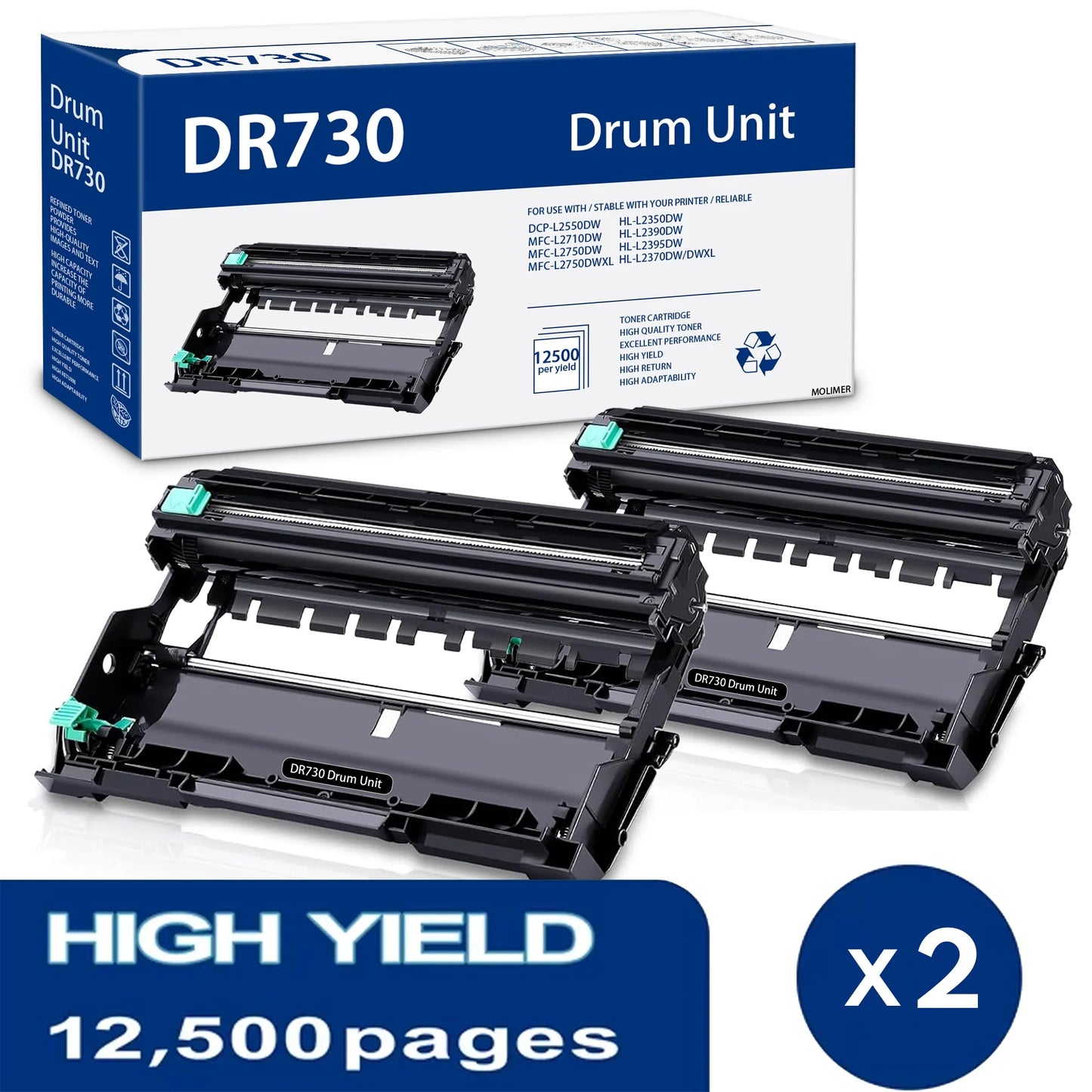 DR730 DR 730 Drum Unit: Compatible 2 Pack Black DR-730 DR 730 Drum Unit (NO Toner) Replacement for Brother HL-L2350DW MFC-L2710DW HL-L2370DWXL DCP-L2550DW HL-L2390DW Printer | High Yield