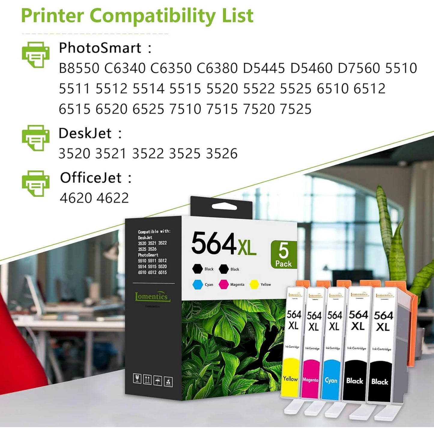 564XL Ink cartridges Combo Pack (5-Pack,2Black/1Cyan/1Magenta/1Yellow)-564 Ink Cartridges Replacement for HP 3520 3522 3525 3526 OfficeJet 4620 4622 PhotoSmart B8550 C6340